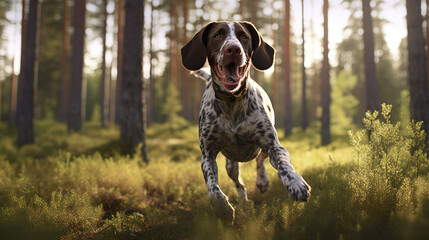 Happy colored striped dog running in the forest Beautiful light shines between several large pine trees in the landscape