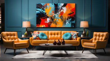  Pop art interior design of modern living room with colorful upholstered mid-century furniture
