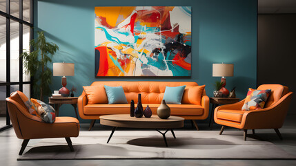  Pop art interior design of modern living room with colorful upholstered mid-century furniture - obrazy, fototapety, plakaty
