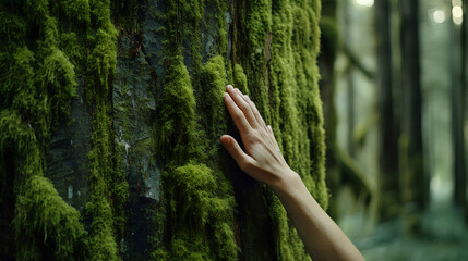 Hand of a woman delicately touching moss on a large tree trunk, environmental responsibility concept.

