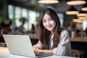 Portrait of Happy Asian Female Student Learning Online in Coffee Shop, Young Woman Studies with Laptop in Cafe, Doing Homework