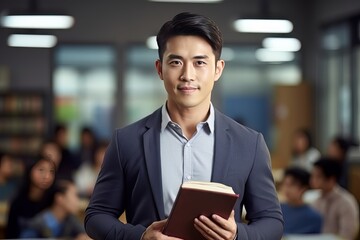 Fototapeta premium Portrait of Happy Asian Male Teacher with a Book in School, Young Man Tutor Smiling and Looking at the Camera