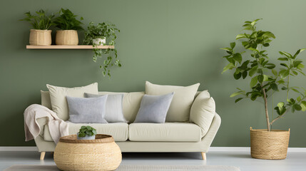 Rattan sofa with light green cushions, wicker basket and big plants against green wall with shelf. Scandinavian interior design of modern living room