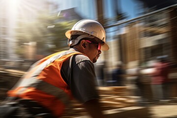 Construction Worker Wearing Safety Uniform, Engineering Works on Building Construction Site, Civil Engineer Observes and Checking the Project