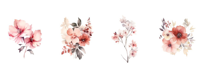 Watercolor flowers on a white background without shadows for illustration.