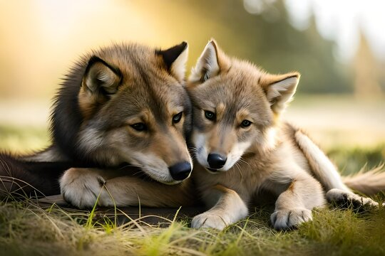 image of a close-up of two young wolf cubs nuzzling each other