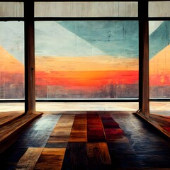 an abstract room space with massive windows timber floors and a beautiful sunset 