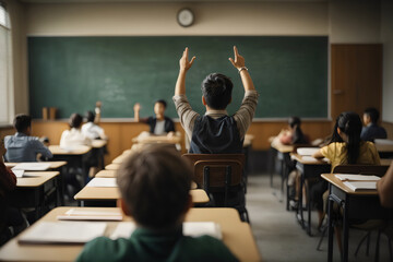 back view of a young student raising his hand in class