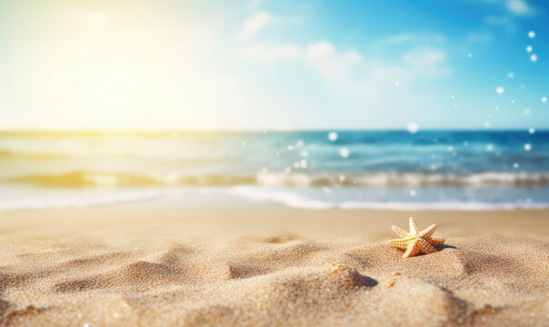 Tranquil beach scene with golden sunlight