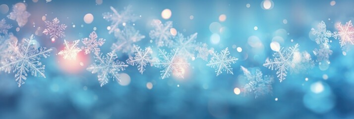 Sparkling snowflake winter background. Detailed dancing ice crystals at Christmas in pastel glowing colors. Snowy landscape closeup.