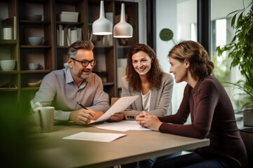 Obraz premium Consultant and middle aged couple client discussing insurance for home in office space