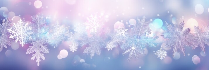 Fototapeta na wymiar Sparkling snowflake winter background. Detailed dancing ice crystals at Christmas in pastel glowing colors. Snowy landscape closeup.