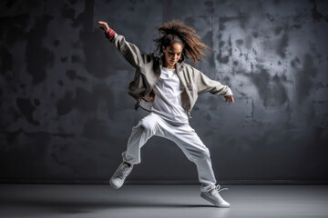 Young female hip hop dancer dancing in front of grey wall in grey clothes - obrazy, fototapety, plakaty