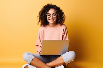 Beautiful young smiling caucasian woman in casual outfit and trendy glasses sitting on the floor isolated on a bright colored background and working on her laptop