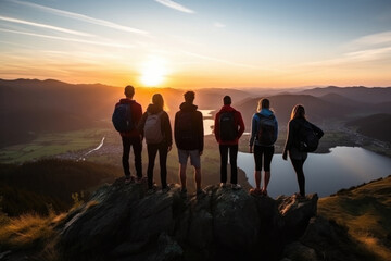 company of people with backpack standing on top of a cliff in the summer mountains at sunset and enjoying the nature view - Powered by Adobe