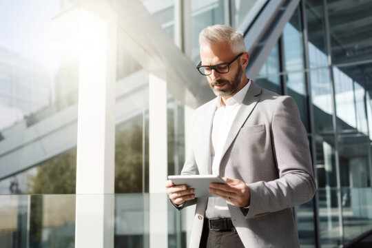 Middle aged businessman holding a tablet outside an office building
