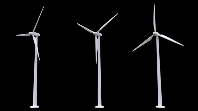 Windmills rotation loop side view isolated with an alpha channel