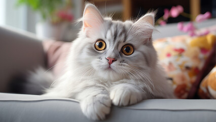 A cute Persian cat is seated on the sofa, striking an inquisitive pose, and gazing at the camera.