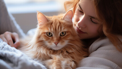 Young woman with her cute pet cat on bed at home.