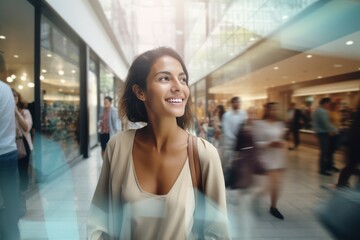 Portrait of Happy Female Goes to Shopping in Clothing Store, Beautiful Man Walking in Shopping Mall Surrounded By Blurred People
