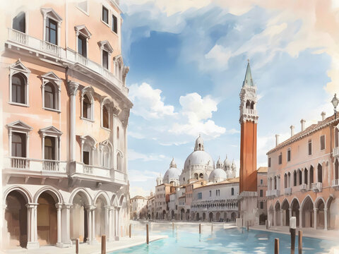 水彩画背景_世界旅行_イタリア_ヴェネツィア_08