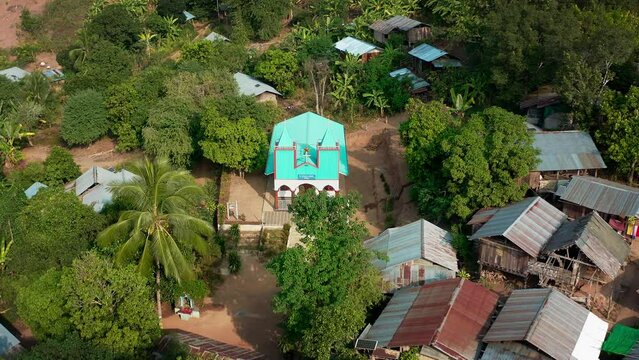 Longneck karen village in the mountain with beautiful church. Mae Hong Son, Thailand. Aerial Shot
