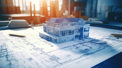 An architects blueprint plans laid out on a table for a new construction project - obrazy, fototapety, plakaty