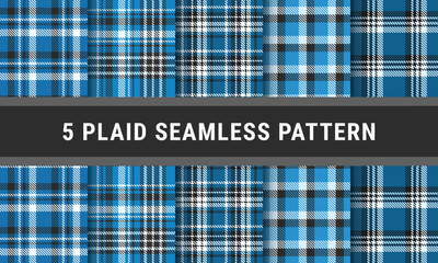 Blue Black White Set Tartan Plaid Seamless Pattern. Checkered Fabric Texture
