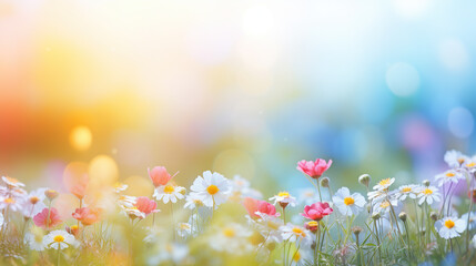Colorful flower meadow with sunbeams and bokeh lights in summer - nature background banner with...