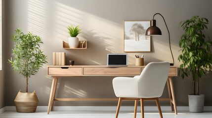 Modern home office with wooden desk and office chair against of white wall. Scandinavian interior design of modern living room with comfortable workplace