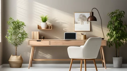 Foto op Canvas Modern home office with wooden desk and office chair against of white wall. Scandinavian interior design of modern living room with comfortable workplace © Samira