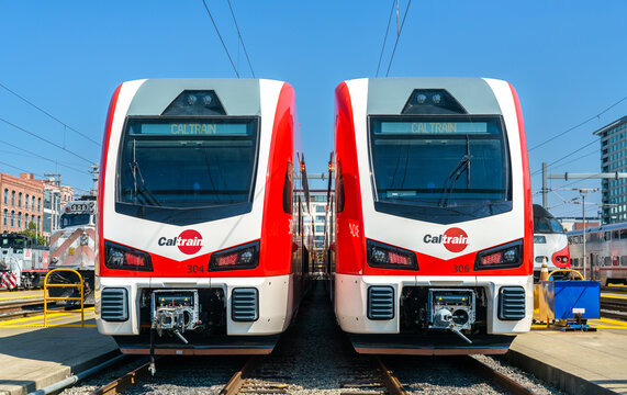 New Stadler electric trains at San Francisco 4th Street Station for the Caltrain Electrification Project