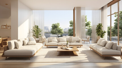 Modern interior design of cozy apartment, living room with white sofa, armchairs. Room with big window