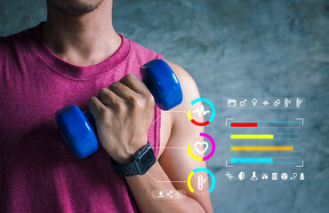 Mid adult man using smart watch during training. Heart monitor beats with wristwatch. smart watch or future data on healthcare. technology in use of smart watch for health condition.