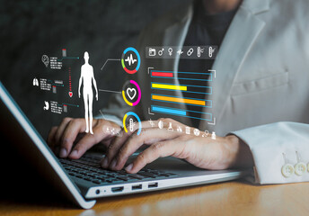 Mid adult man using laptop during training. Heart monitor beats with wristwatch. smart watch or future data on healthcare. technology in use of smart watch for health condition.