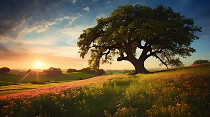 Gartenposter Summer landscape with old oak tree and blooming flower meadow. © theevening