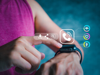 Mid adult man using smart watch during training. Heart monitor beats with wristwatch. smart watch or future data on healthcare. technology in use of smart watch for health condition.