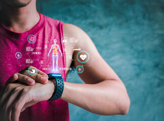 Mid adult man using smart watch during training. Heart monitor beats with wristwatch. smart watch...