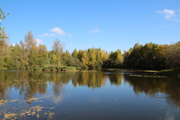 Fototapeta na wymiar autumn trees reflected in water, U of A Botanic Gardens, Devon, Alberta