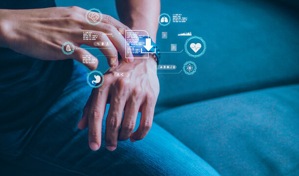 Mid adult man using smart watch during training. Heart monitor beats with wristwatch. smart watch or future data on healthcare. technology in use of smart watch for health condition.