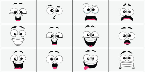 Set of 70s groovy comic vector. Collection of cartoon character faces with different emotions,