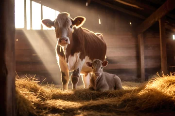 Foto op Canvas A cow with a small calf is standing in a cowshed, a farmer's cow © nordroden