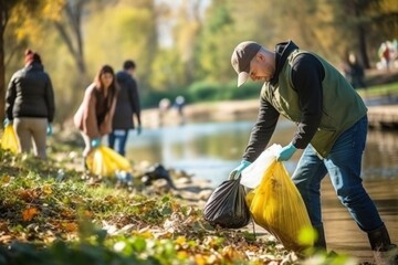 People participating in a waterfront cleanup event in a park or forest