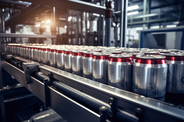 brewery, beer cans on the conveyor, pure production of alcoholic beverages - 651799047