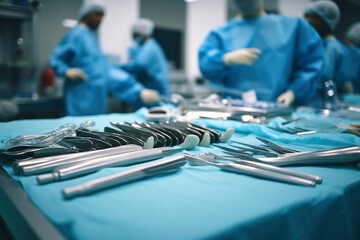 Photo of surgeons in scrubs and surgical equipment preparing for a medical procedure