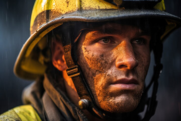 Photo of a fireman wearing a helmet in close-up