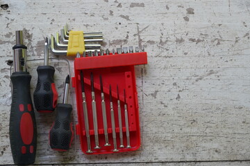 Set of professional construction tools and safety helmet on work table. Top view. Old tools....