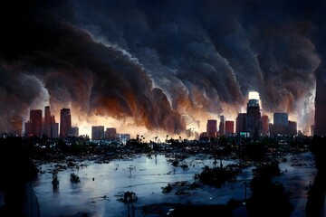 the city of Los Angeles after a hurricane climate change highly detailed and realistic disaster low perspective 35mm 