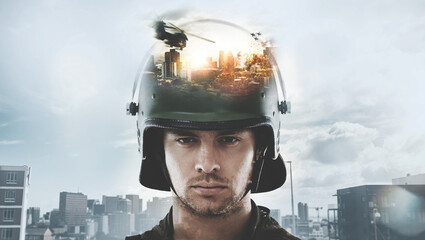 Soldier man, army and double exposure for war, city and helicopter with explosion, sad and stress in portrait. Warrior, hero and military service agent in helmet, bomb and warzone in Ukraine conflict
