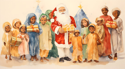 Fototapeta na wymiar Christmas for all, multi religion multi national, ethnics children together with Santa